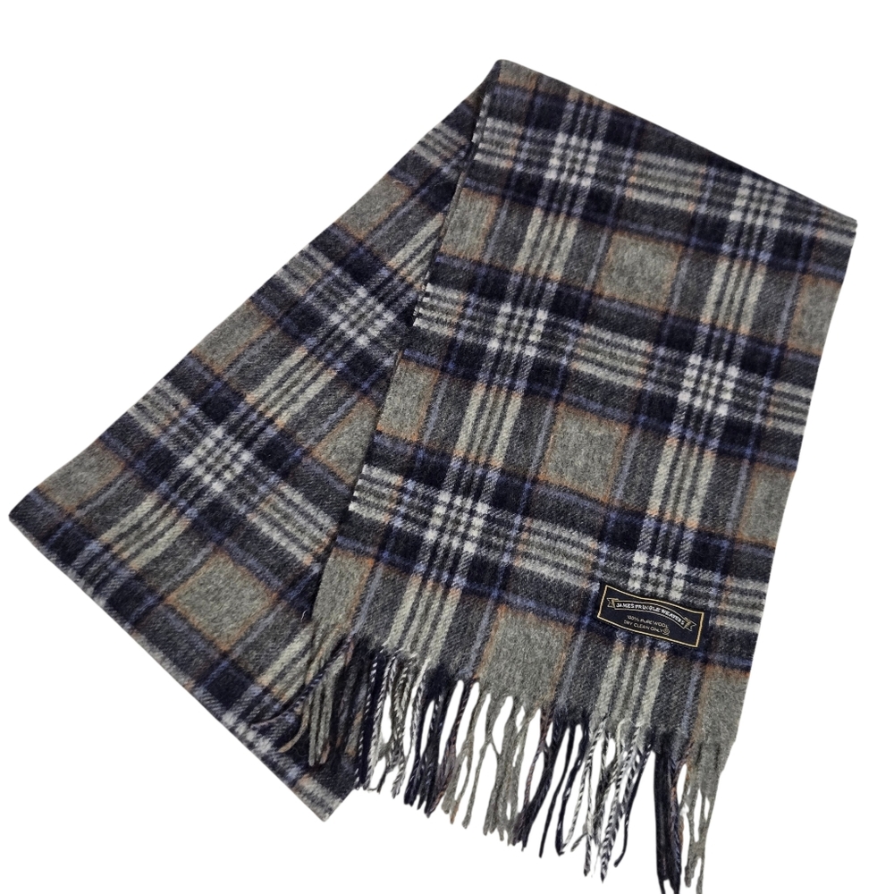 James Pringle Weavers 100% Wool Tartan Plaid Scarf Scotland Fringe Gray Blue